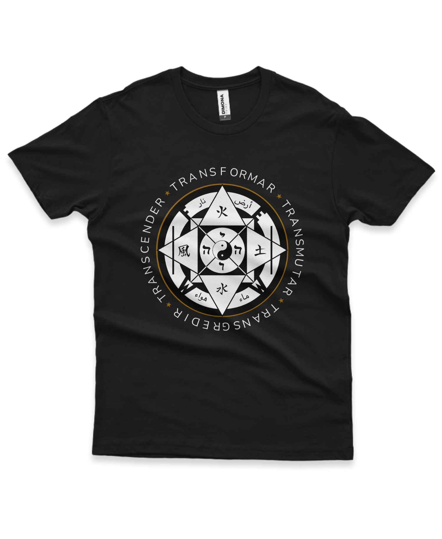 Camiseta preta estendida com um design de sigilo esotérico e escritas em diversas línguas.