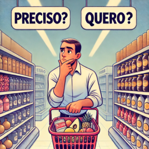 Uma pessoa segurando dois itens em um supermercado, pensativa, com balões de pensamento mostrando "Preciso?" de um lado e "Quero?" do outro. O ambiente deve ser claro e organizado, transmitindo a reflexão antes da compra.