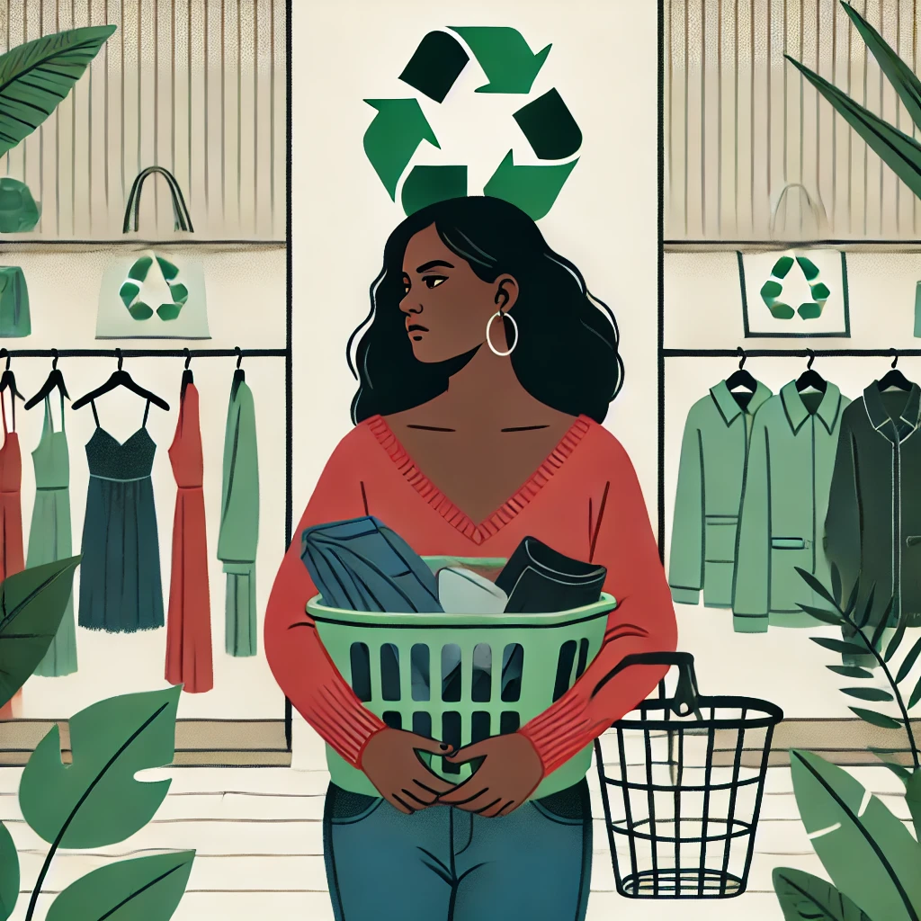 Uma mulher negra, jovem e bela, segurando uma sacola de roupas em frente a um fundo minimalista com vitrines de lojas. A expressão dela é de reflexão,