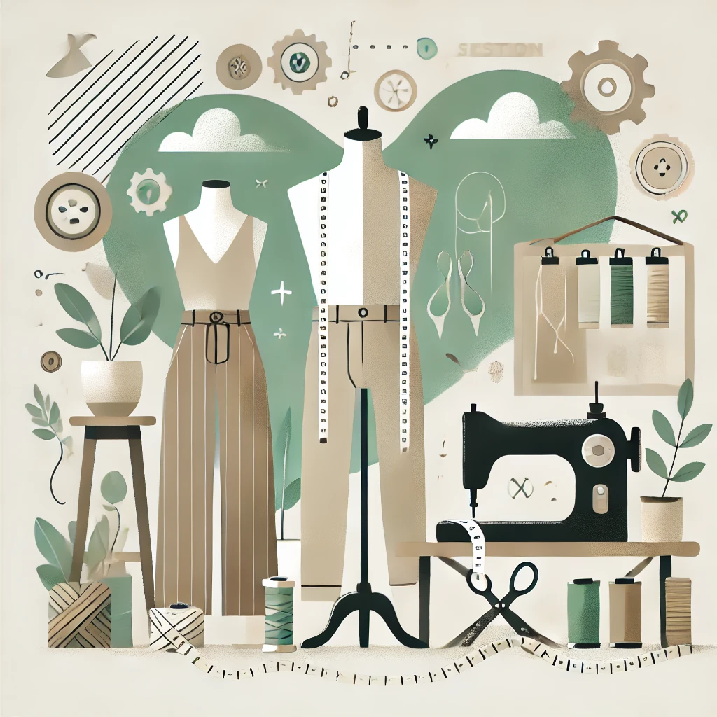 Uma ilustração de design plano para a capa de uma postagem de blog sobre moda sustentável. Mostra uma composição moderna e minimalista com um manequim vestindo