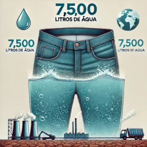 Uma ilustração impactante mostrando os impactos ambientais do fast fashion, com foco no consumo de água. Retratando um grande par de jeans