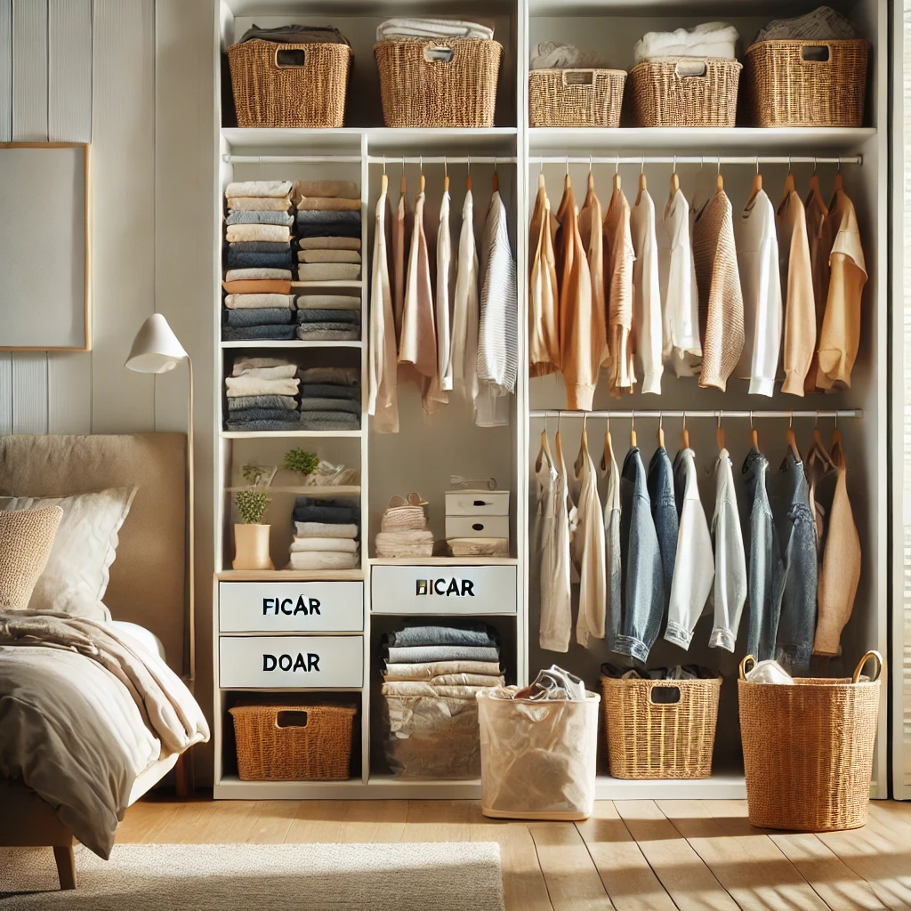Um armário aberto, com roupas sendo separadas em pilhas "ficar" e "doar", mostrando um ambiente organizado e minimalista.